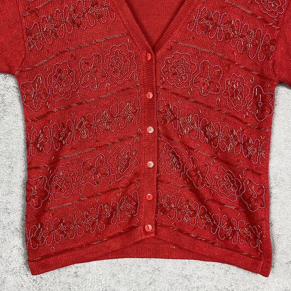 XXIst Cardigan Sweater Womens Small Red Beaded Floral Button Front Knit - Picture 5 of 16